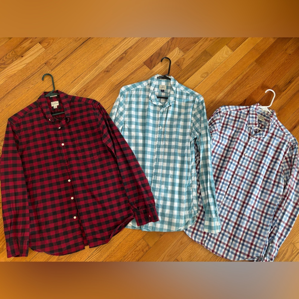 Bundle of 3 J. Crew Men's Plaid Button-Up Shirts - Red, Light Blue, Multi